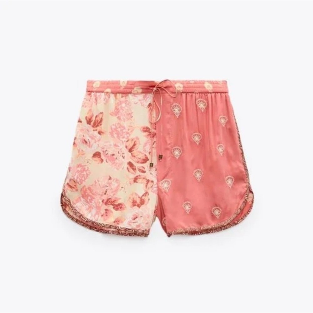Zara Floral Split Print Shorts Womens XS Pink Cream Excellent Dolphin Hem Boho